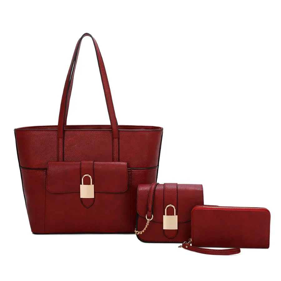 3-in-1 decorated lock tote set - burgundy