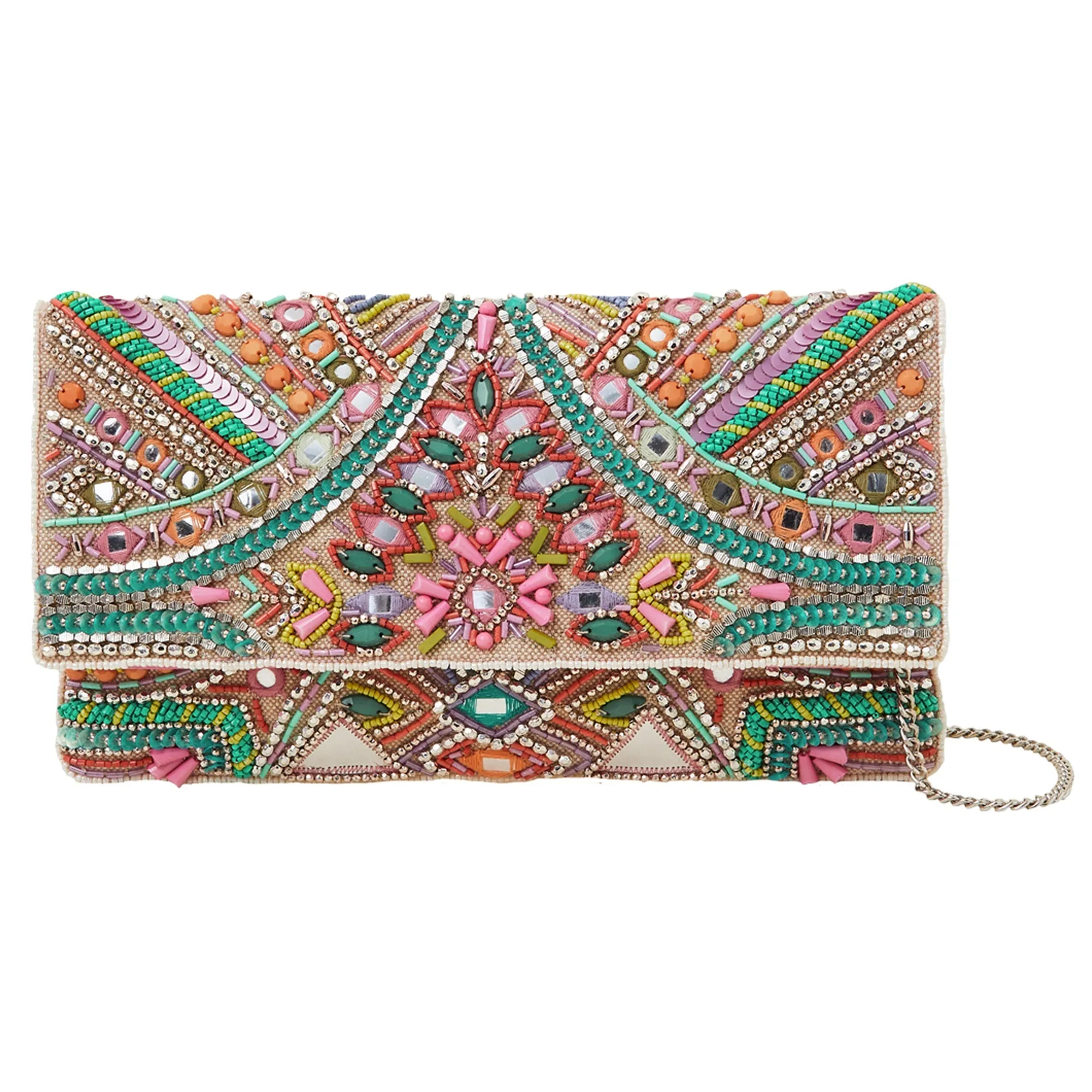 Accessorize London Women's Cream Beaded Mirror Clutch Bag