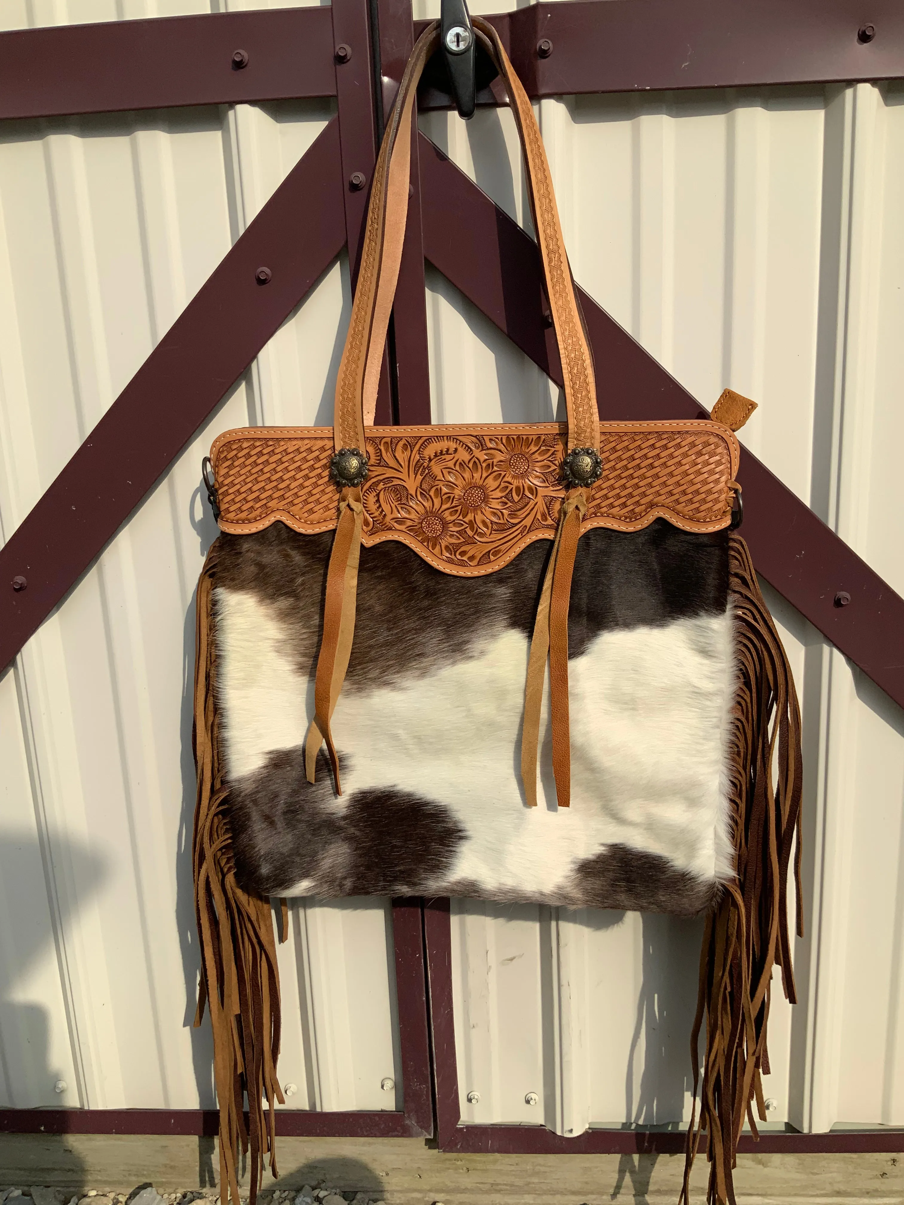 American Darling Cowhide w/ Tooled Trim & Brown Fringe Shoulder Bag ADBGS113BRW