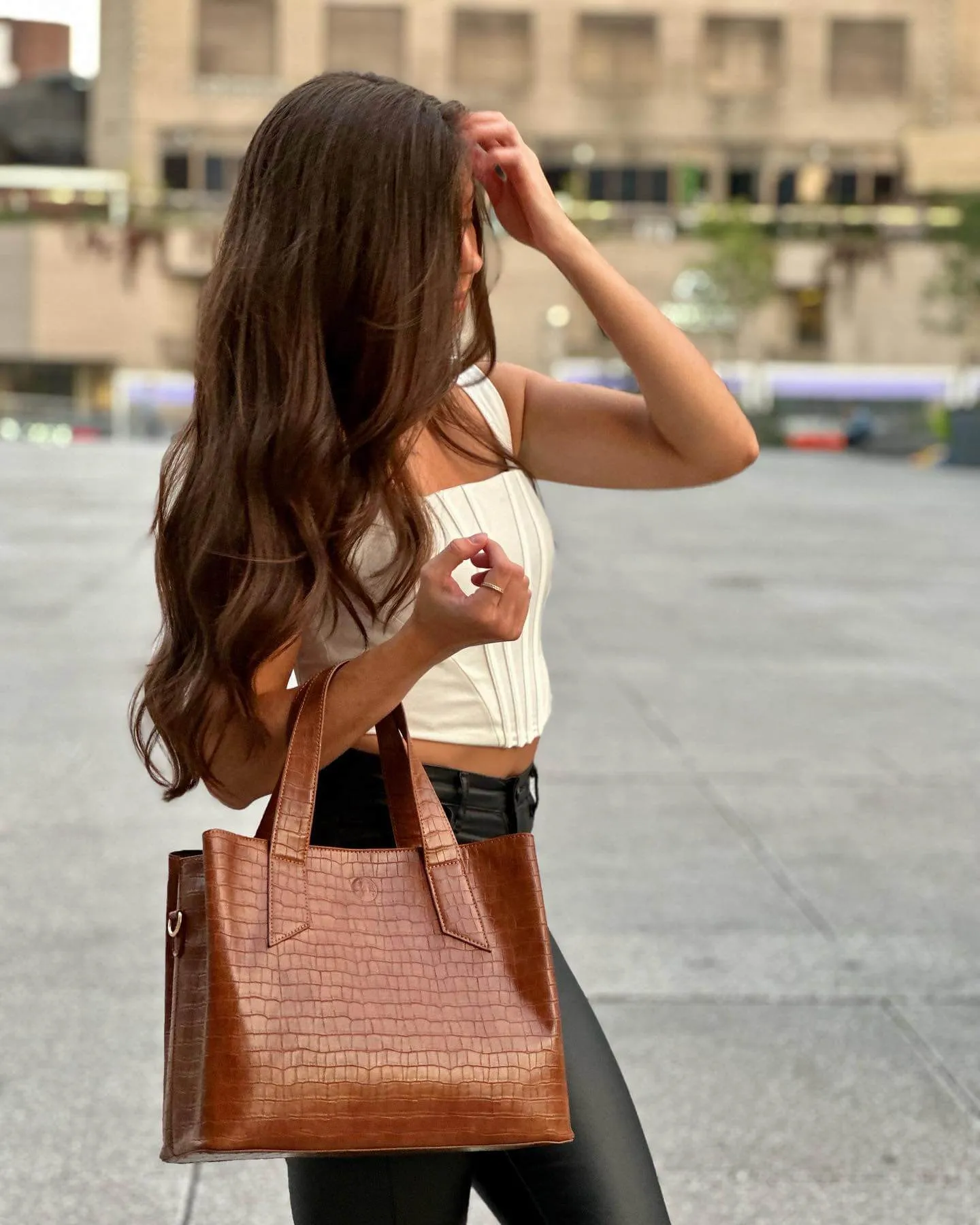 ARIANA | Cognac Croco Shoulder Bag Tote