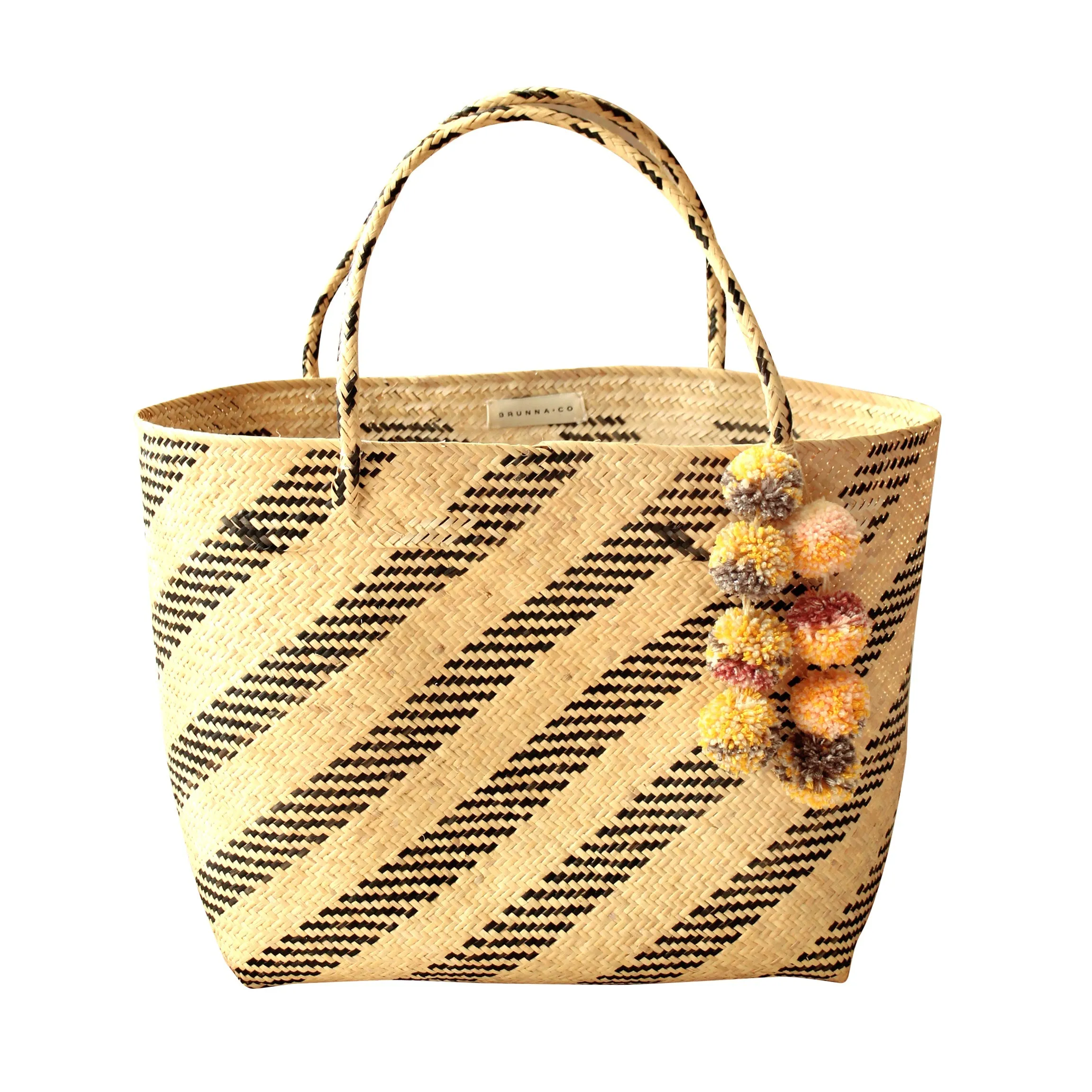 Borneo Sani Stripes Straw Tote Bag - With Marigold Tiered Pom-Poms