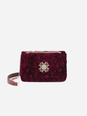 Broadway Vegan Velvet Jacquard Shoulder Bag | Maroon