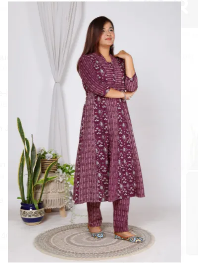 Burgandy A Line Kurti Pant Set