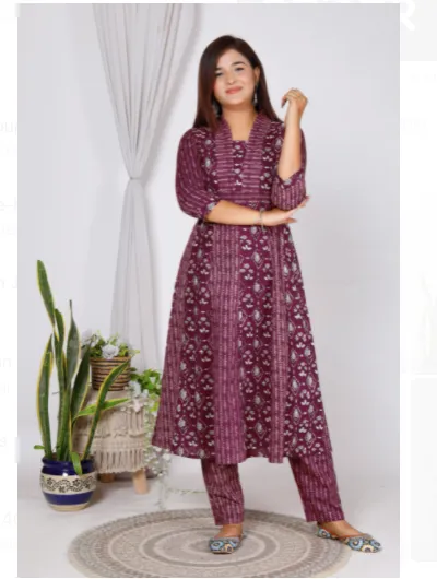 Burgandy A Line Kurti Pant Set