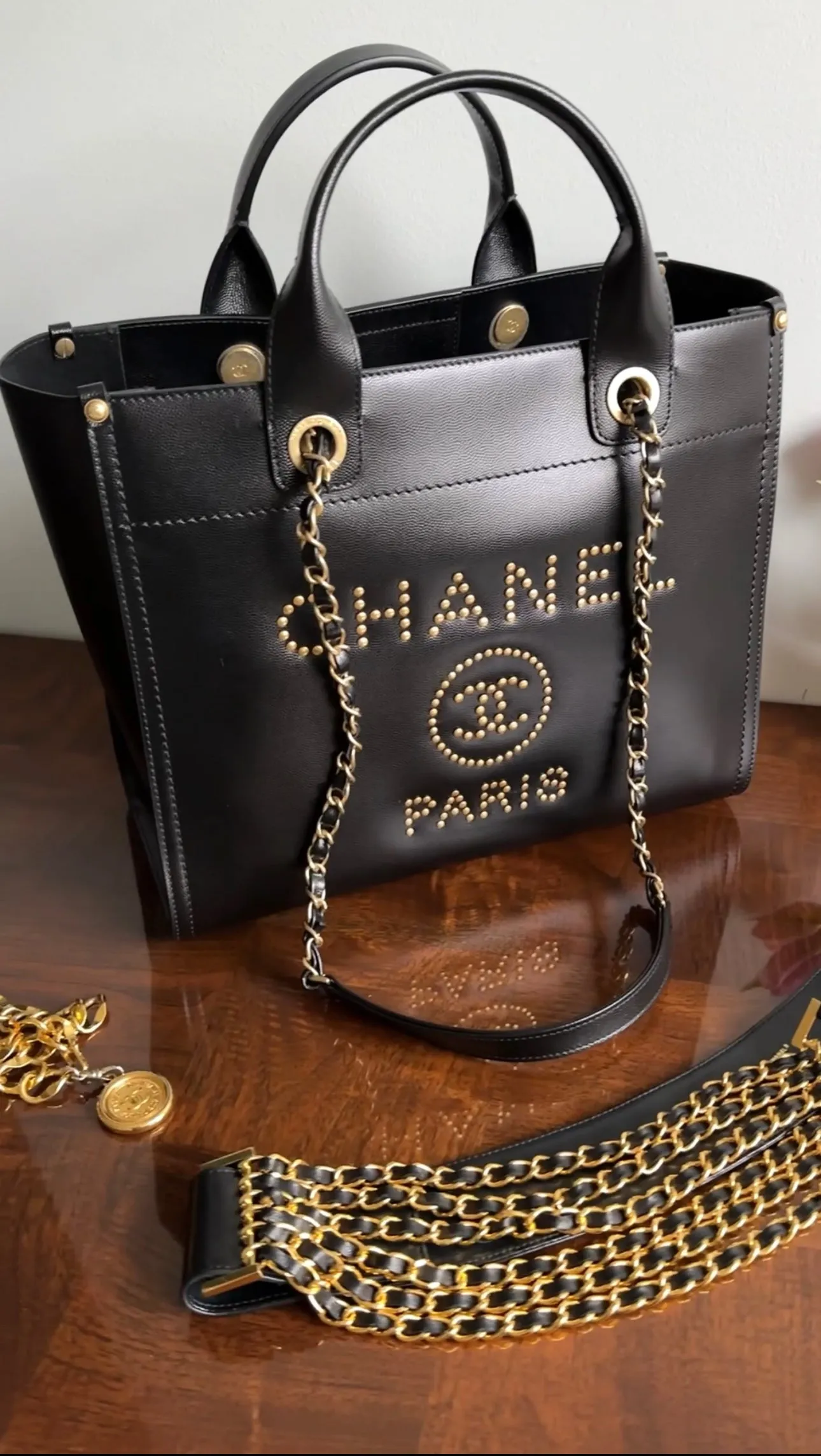 Chanel Black Caviar Leather Stud Deauville Tote Bag