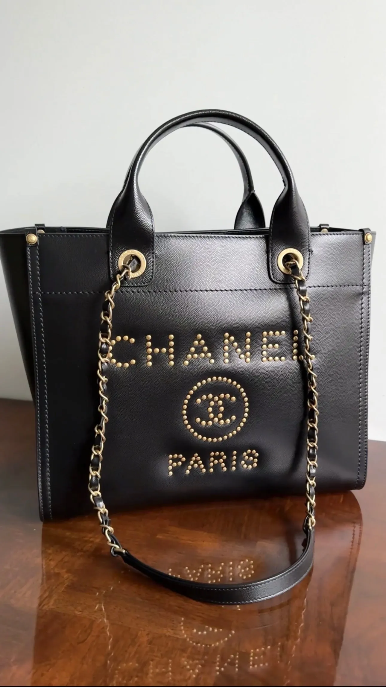 Chanel Black Caviar Leather Stud Deauville Tote Bag