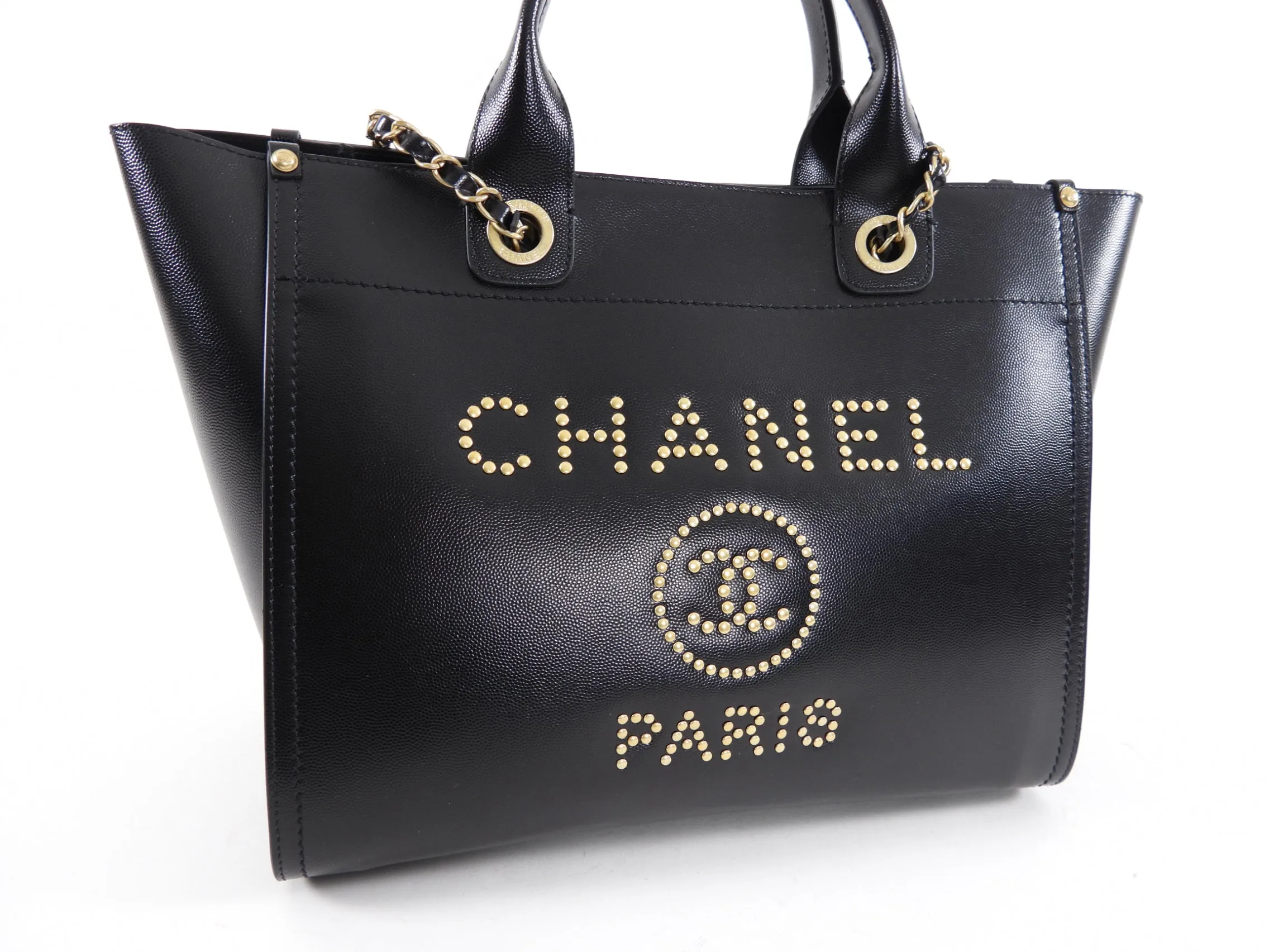 Chanel Black Caviar Leather Stud Deauville Tote Bag