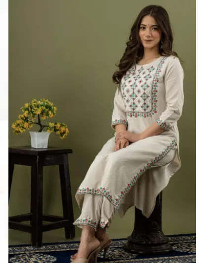 Cream Embroidery Cord Set Women Kurti Set