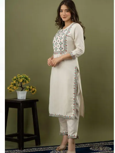 Cream Embroidery Cord Set Women Kurti Set