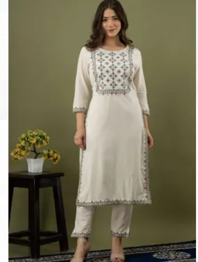 Cream Embroidery Cord Set Women Kurti Set