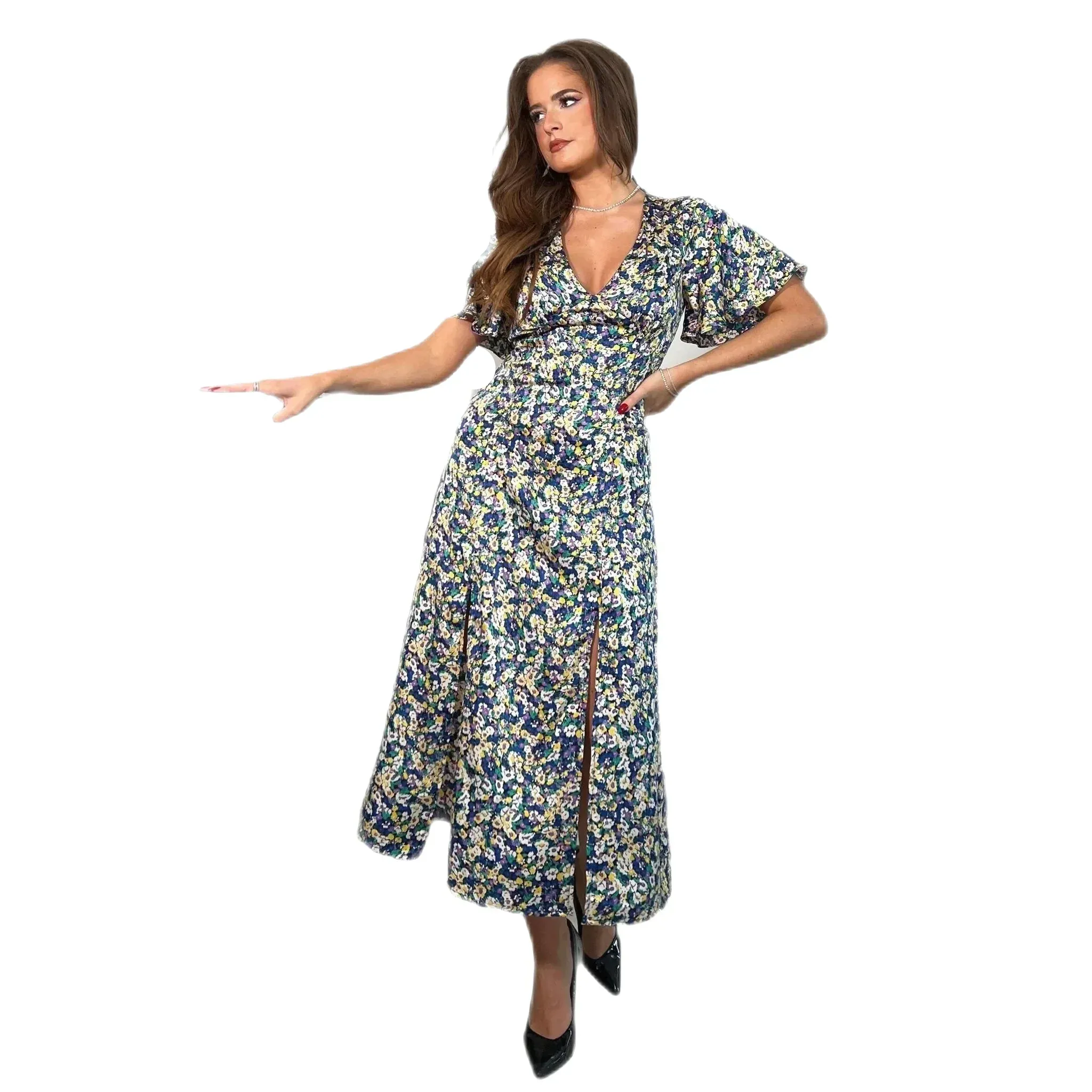 Ditsy Floral Midi Dress With Angel Sleeves & High Leg Split