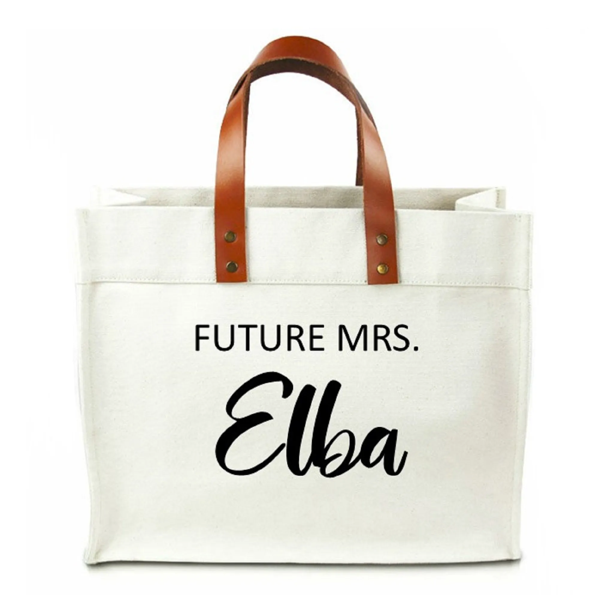 Future Mrs Personalised Canvas Tote Bag With Leather Straps | Personalised Bride's Tote Bag