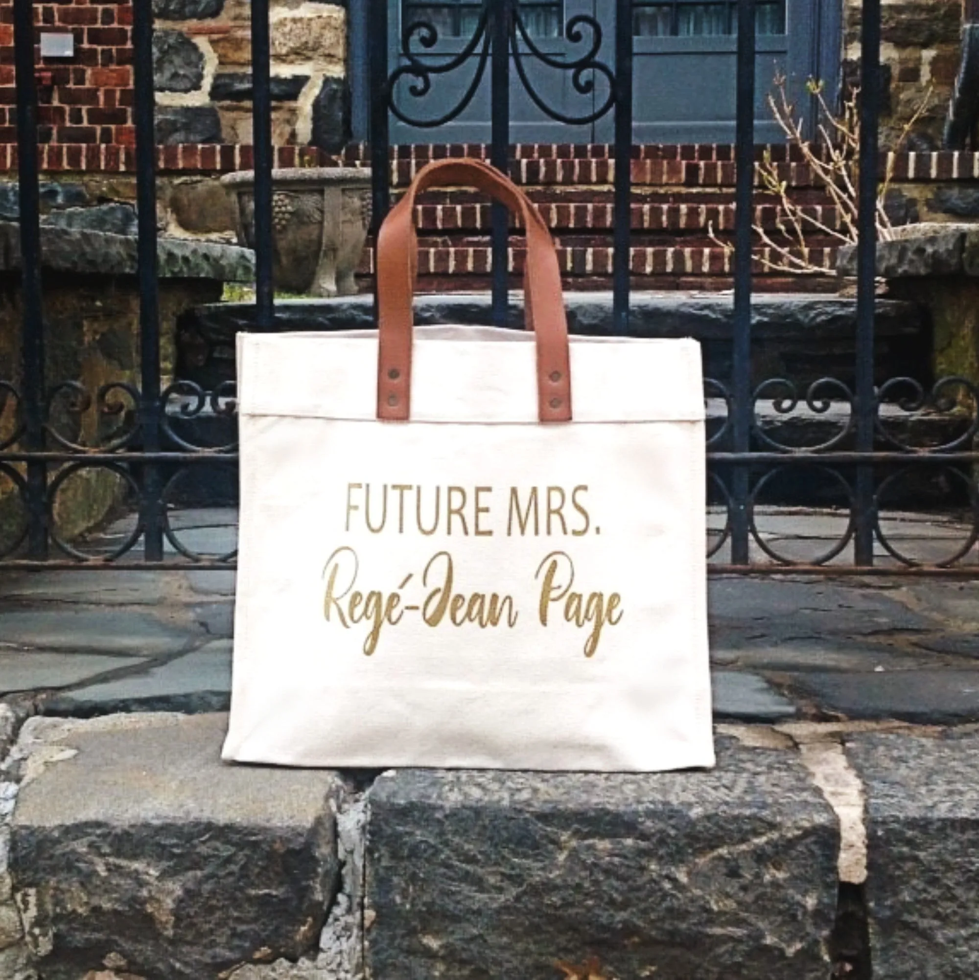 Future Mrs Personalised Canvas Tote Bag With Leather Straps | Personalised Bride's Tote Bag