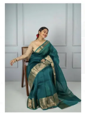 Green Gold Organza Jacquard Border Saree