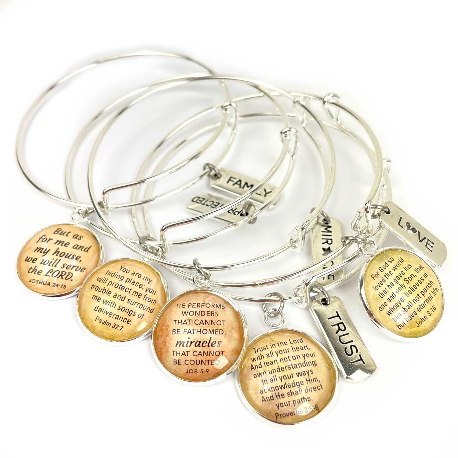 Miracle, Protected, Trust, Warrior, Word Scripture Charm Bangle Bracelet - Christian Affirmations Jewelry, Silver