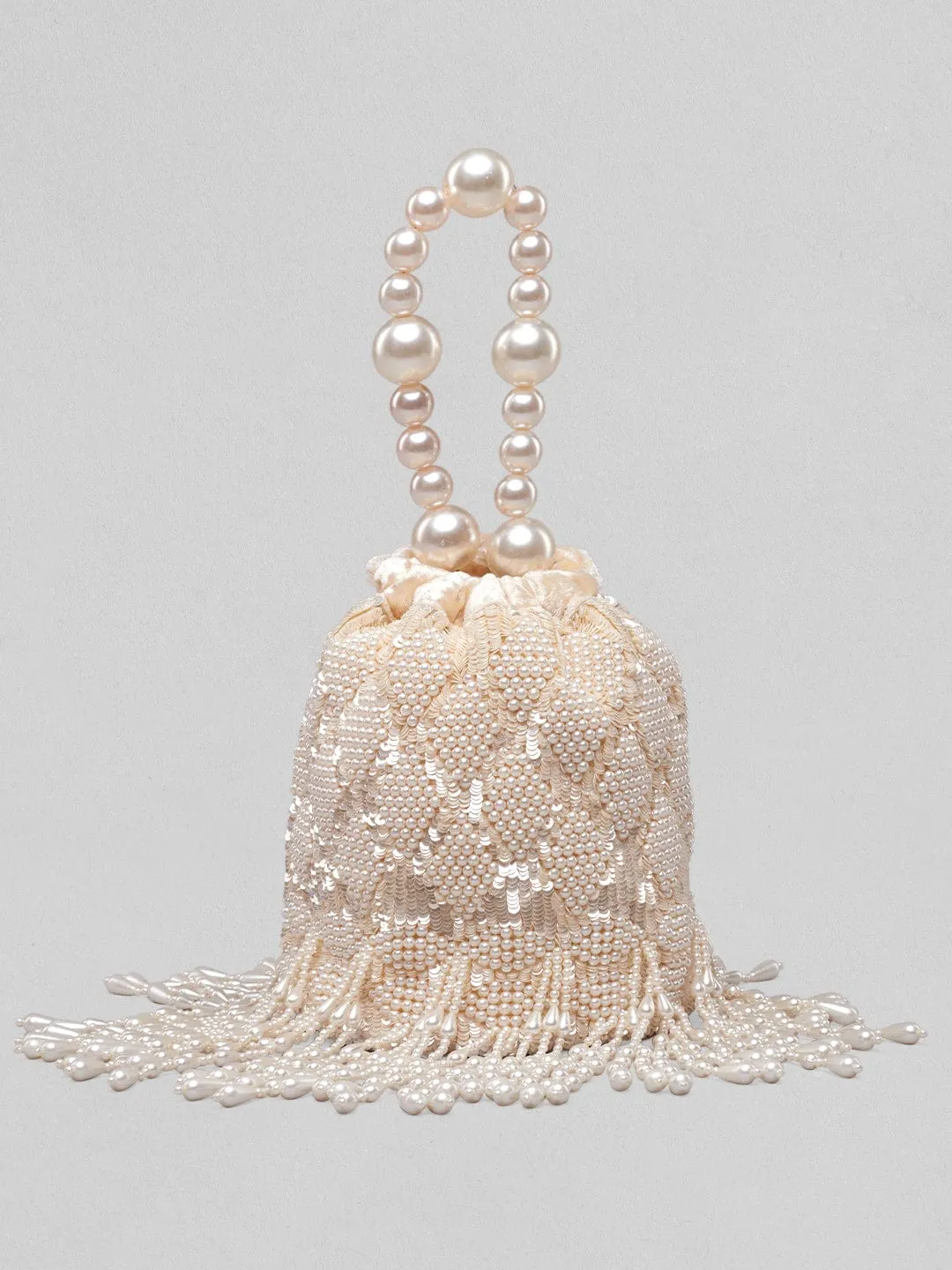 Rubans Off White Coloured Potli Bag With Embroided Design And Pearls.