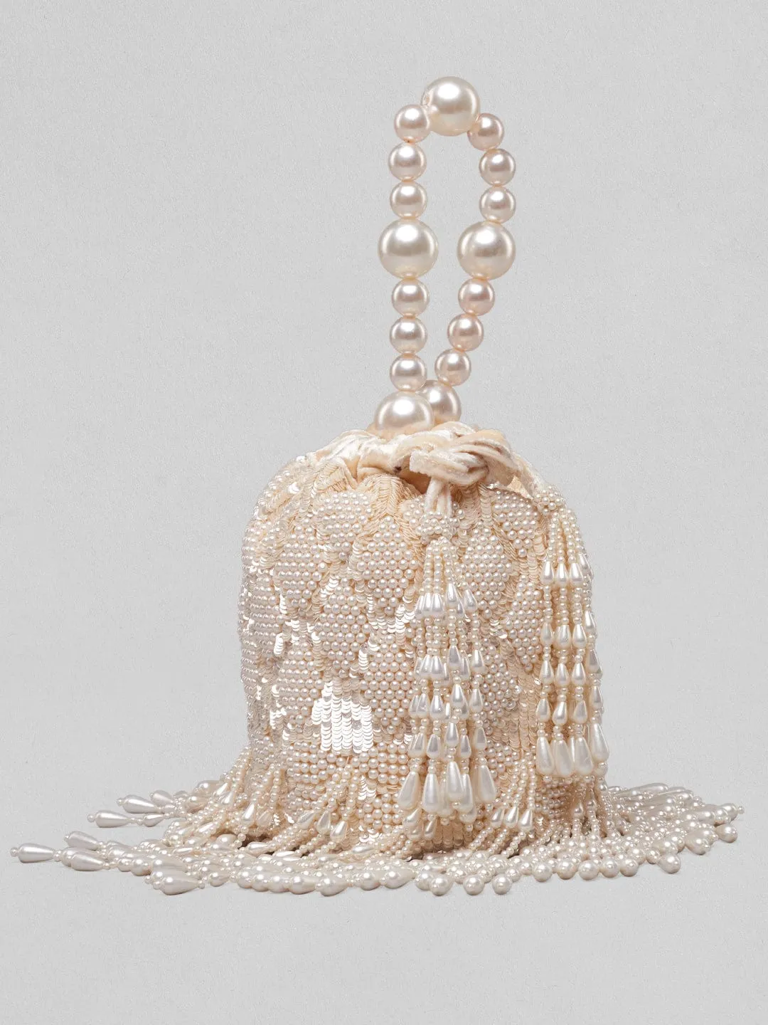 Rubans Off White Coloured Potli Bag With Embroided Design And Pearls.