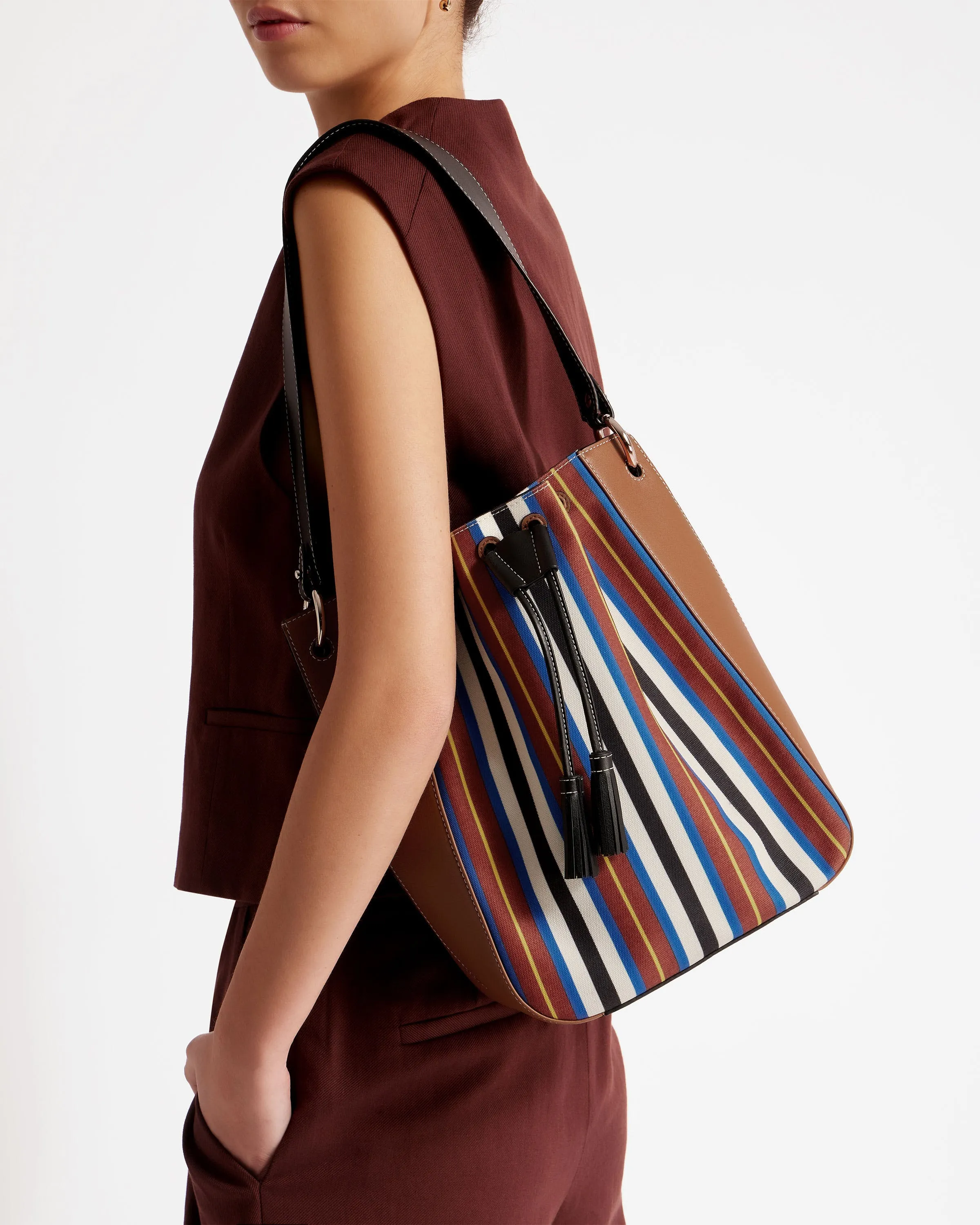 Strathberry x Collagerie Bollo Midi - Chestnut/Black/Blue Stripe