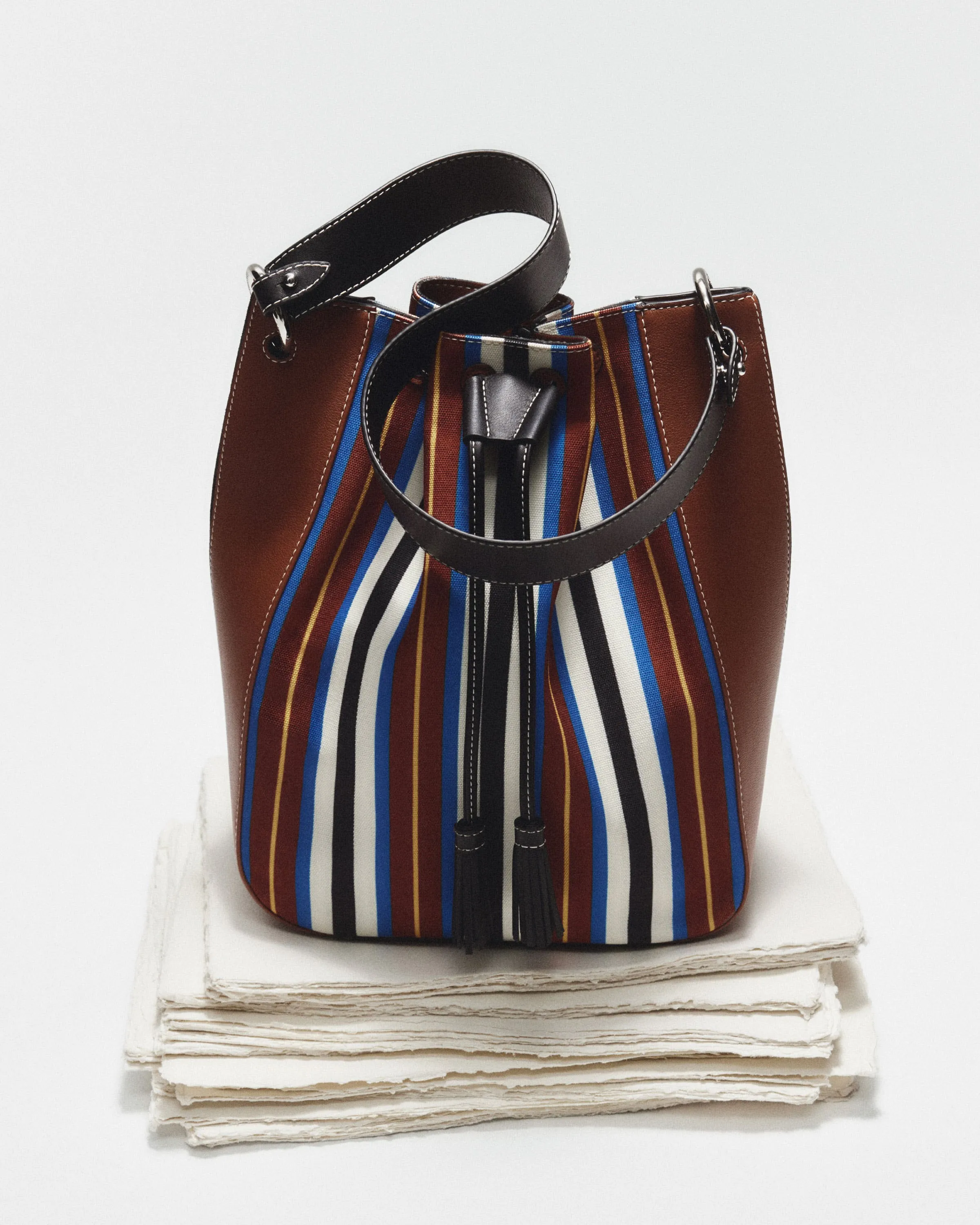 Strathberry x Collagerie Bollo Midi - Chestnut/Black/Blue Stripe