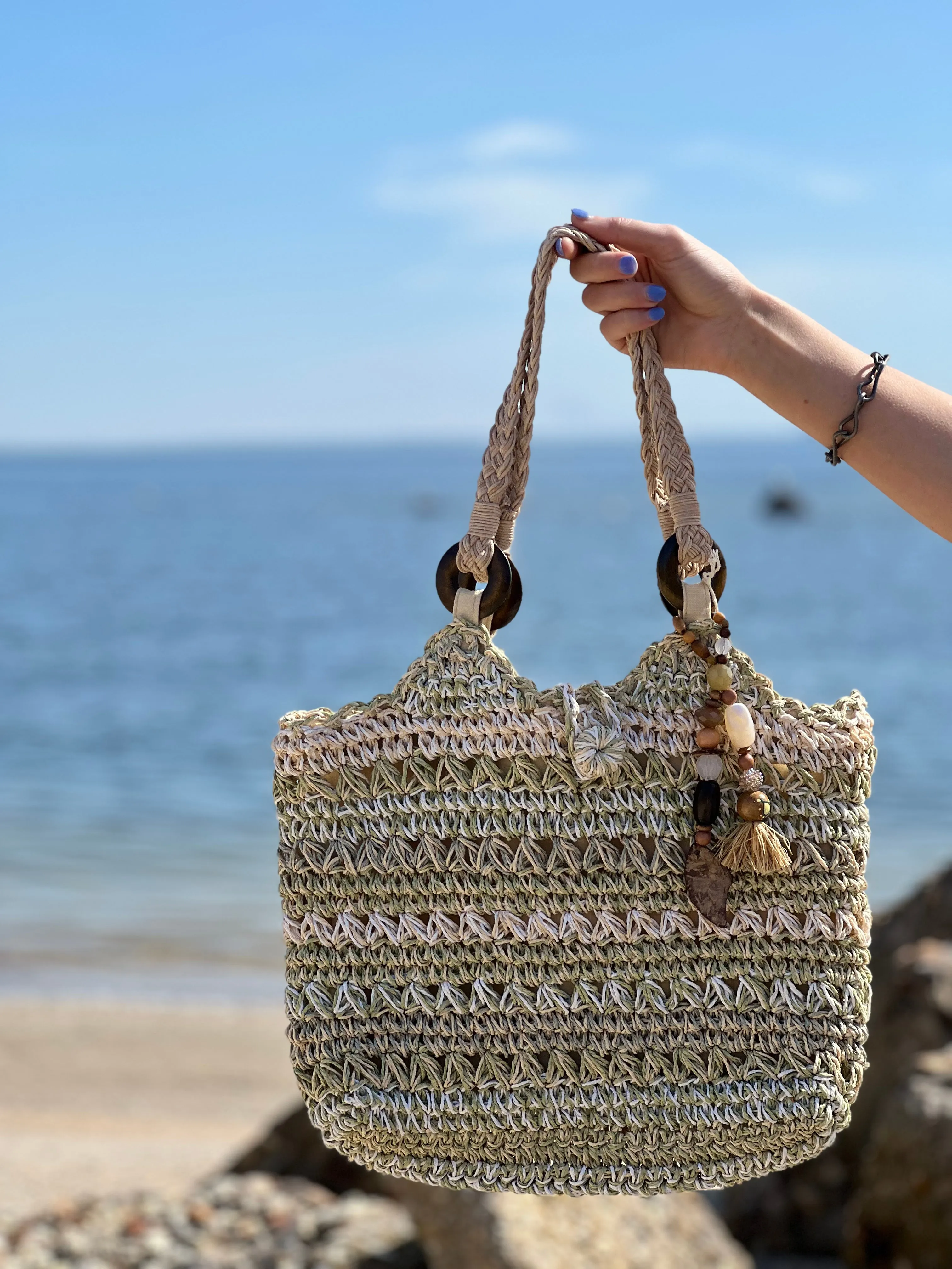 Straw bag with bead embellishment