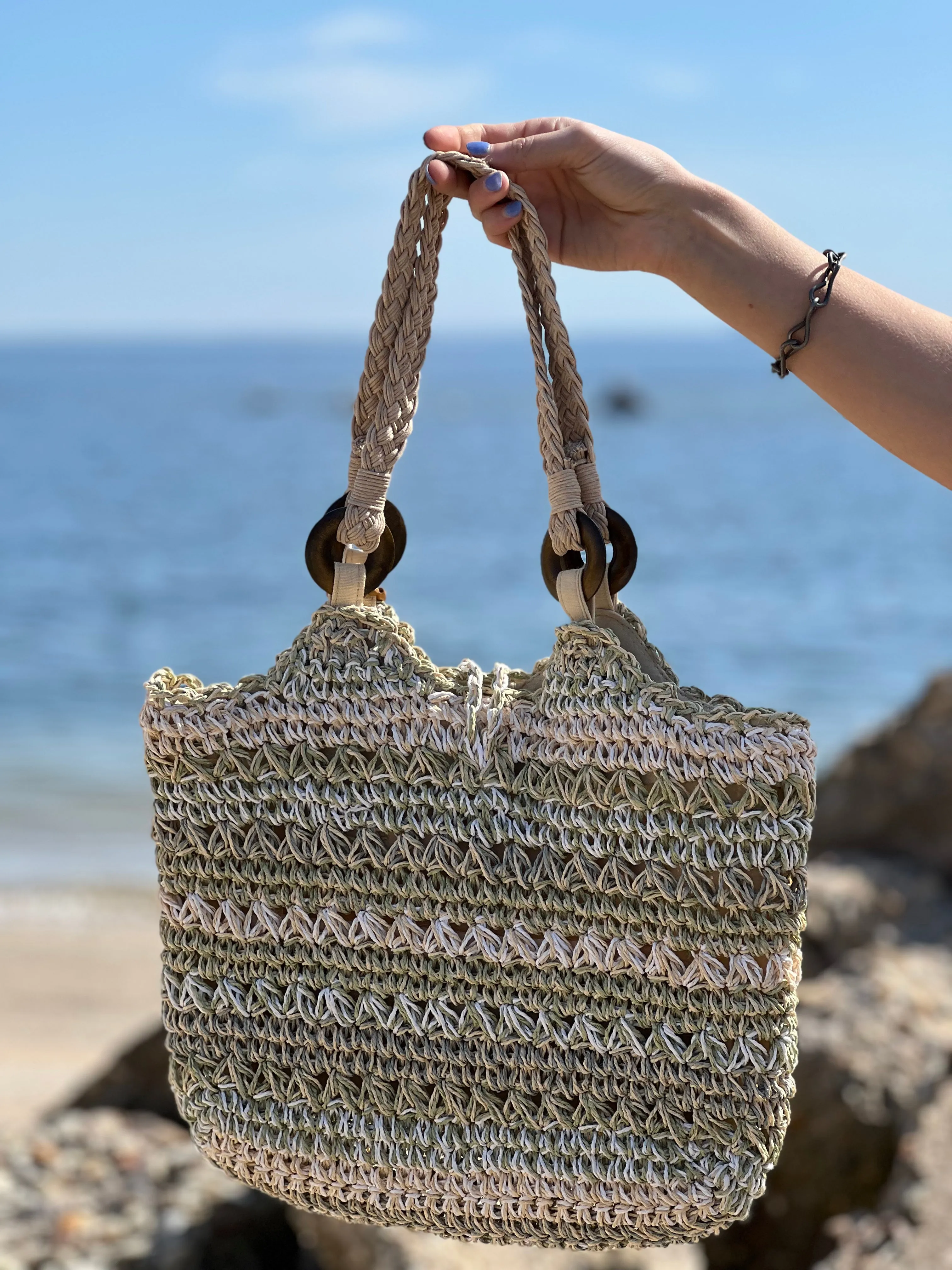 Straw bag with bead embellishment