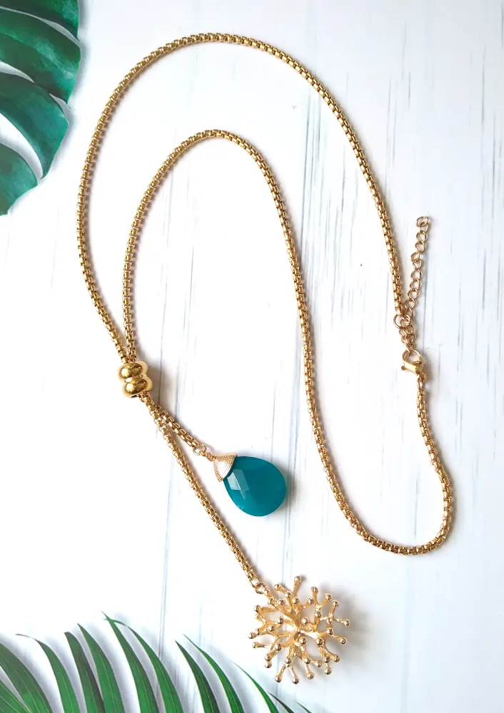 Teal Jade with Round Branch Coral Slider Necklace