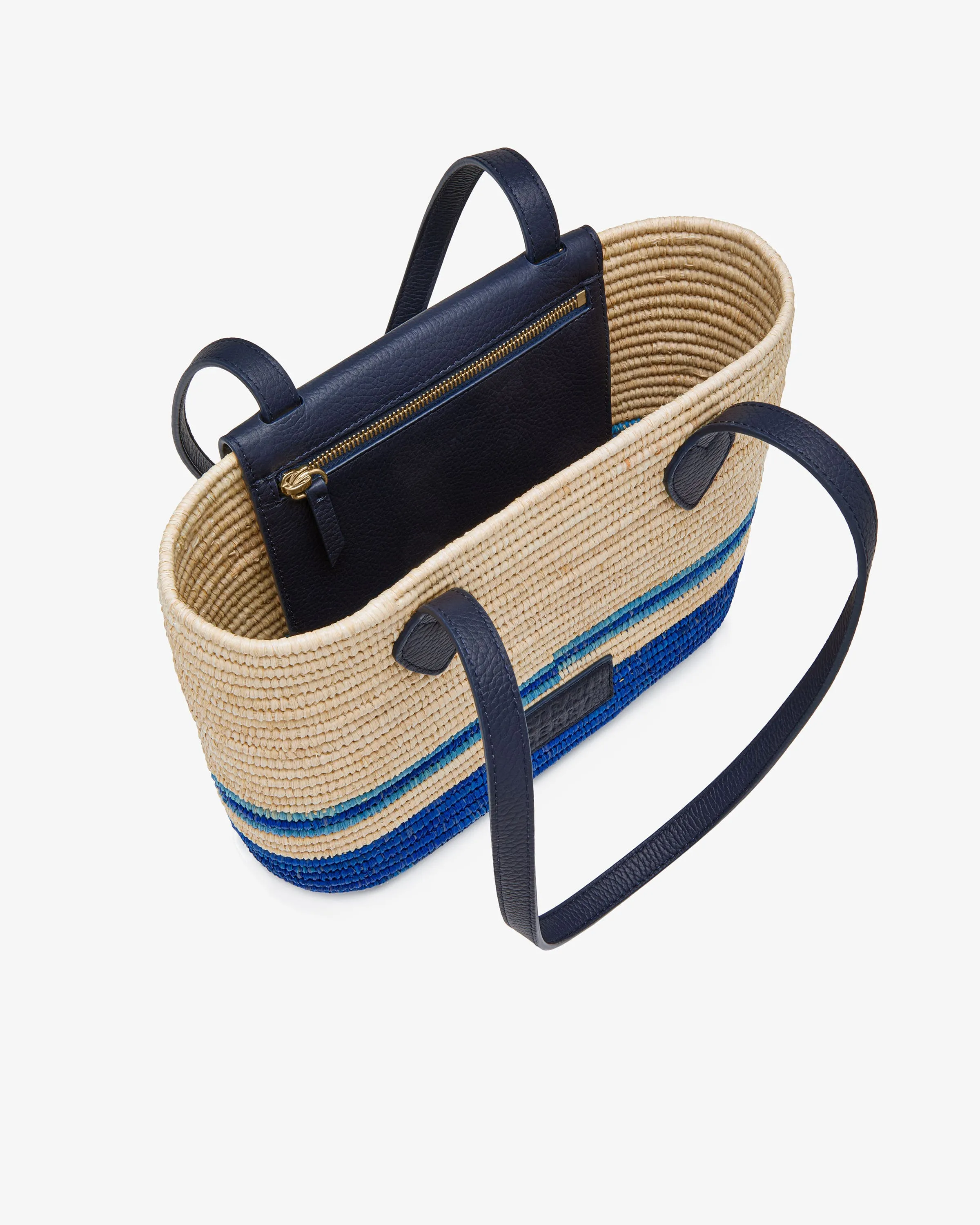 The Strathberry Basket (Small) - Raffia/Leather Vanilla/Blue Stripe