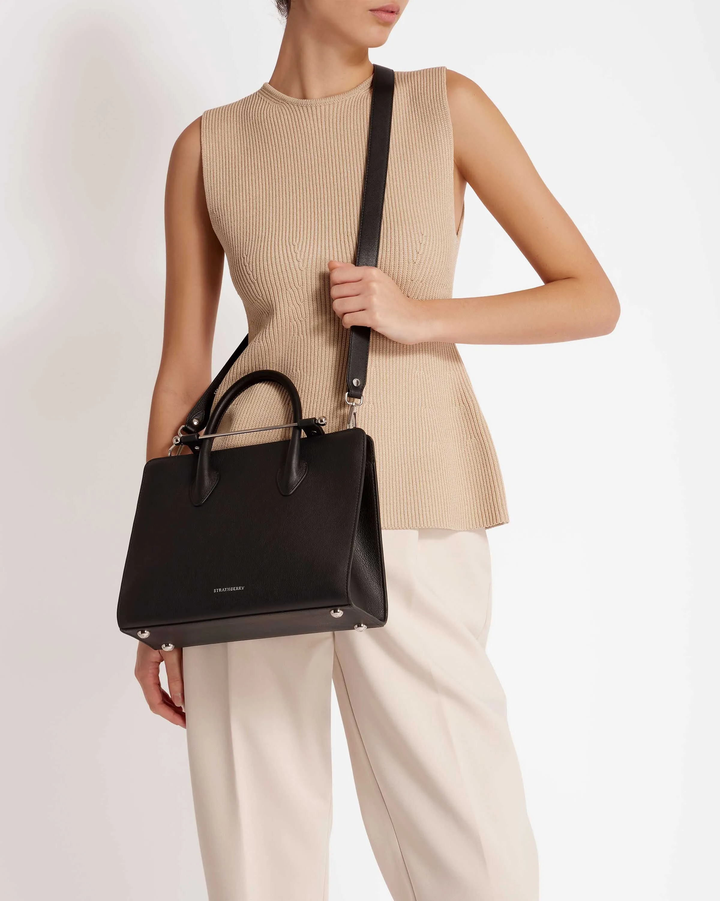 The Strathberry Midi Tote - Black with Silver Hardware