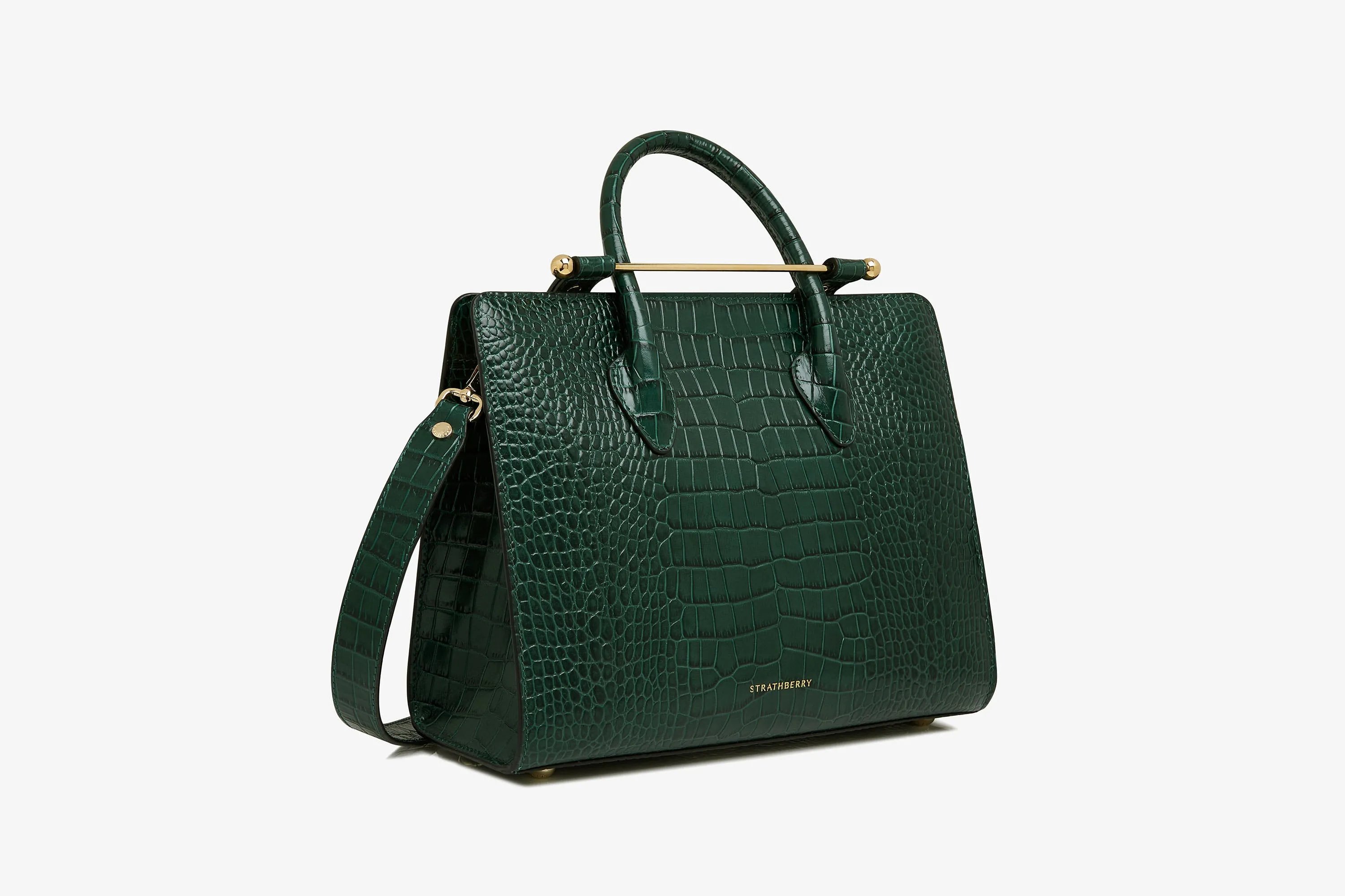 The Strathberry Midi Tote - Croc-Embossed Leather Bottle Green