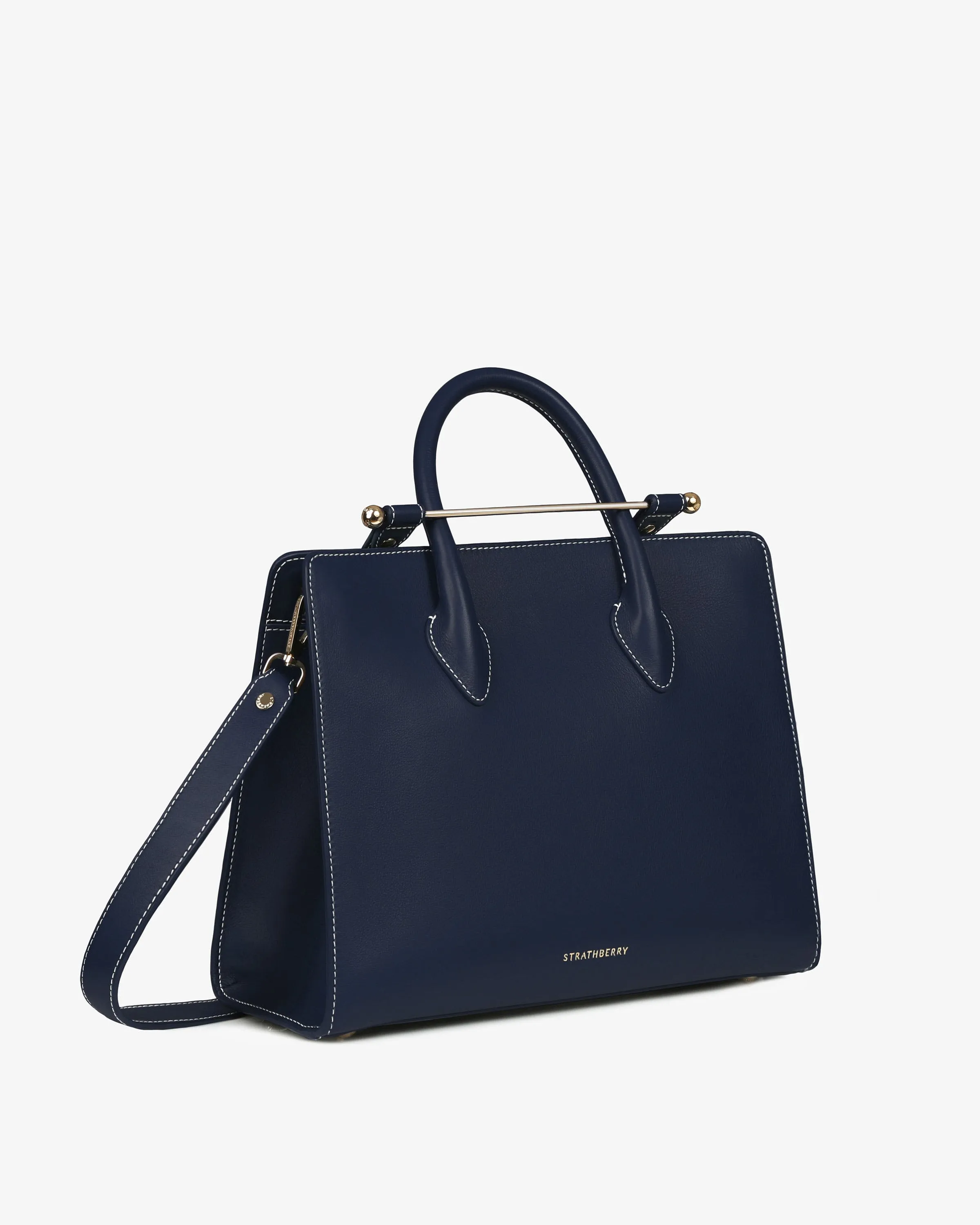 The Strathberry Midi Tote - Navy with Vanilla Stitch