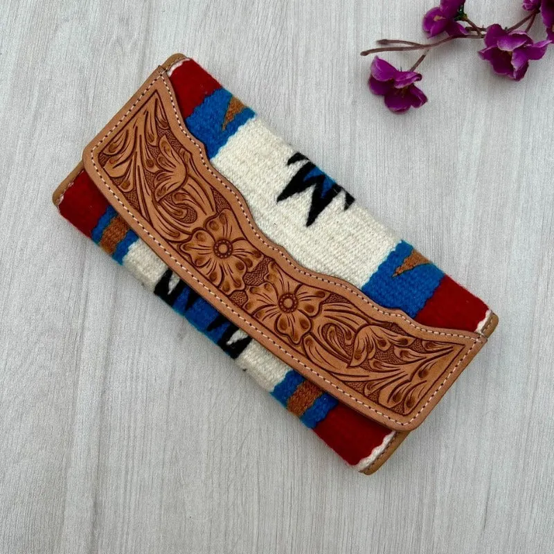 White Navajo Trifold Wallet With Tooled Leather