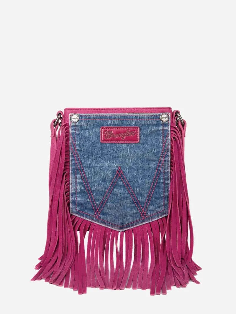 Wrangler Crossbody Bag Jean Pocket Leather Fringe Hot Pink