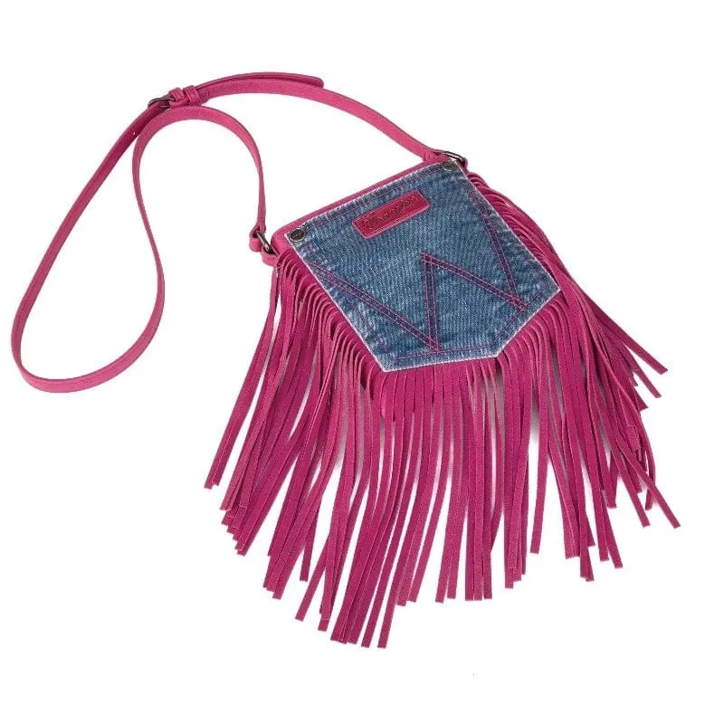 Wrangler Crossbody Bag Jean Pocket Leather Fringe Hot Pink